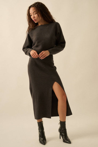 Rib-Knit One-Shoulder Dolman Midi Sweater Dress