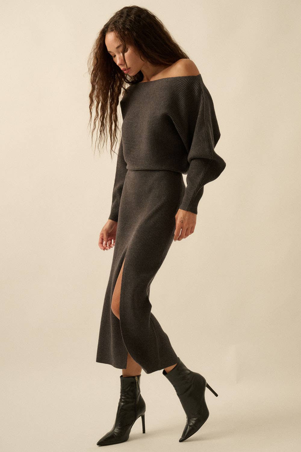 Rib-Knit One-Shoulder Dolman Midi Sweater Dress